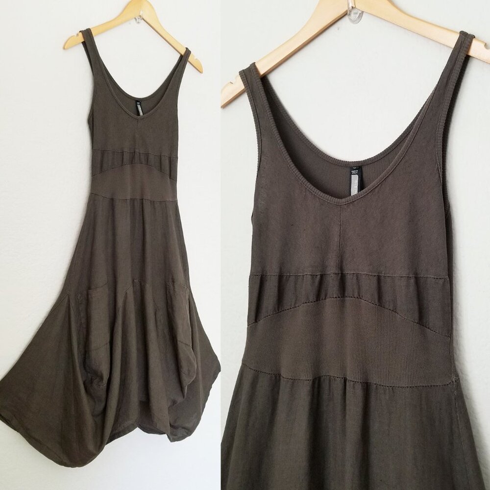 Inizio MAGIC 2 POCKET Sleeveless Linen Dress S Lagenlook Dark Olive Italy $150 - Picture 3 of 11